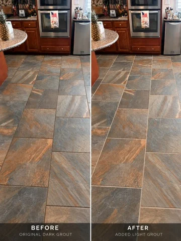 Owner-labeled comparison: original dark grout on the left and light grout on the right